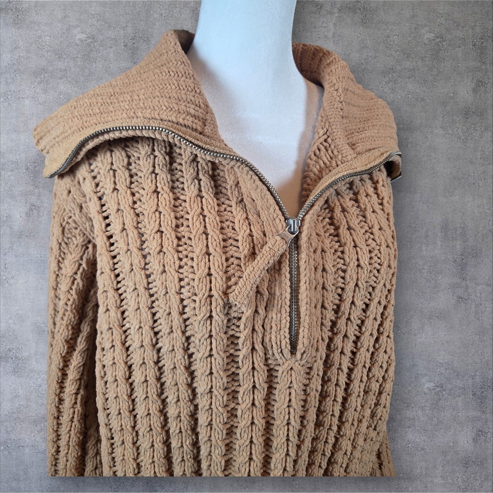 Aerie Chenille Cable Knit Quarter Zip Sweater Camel Tan Oversized Collar Medium